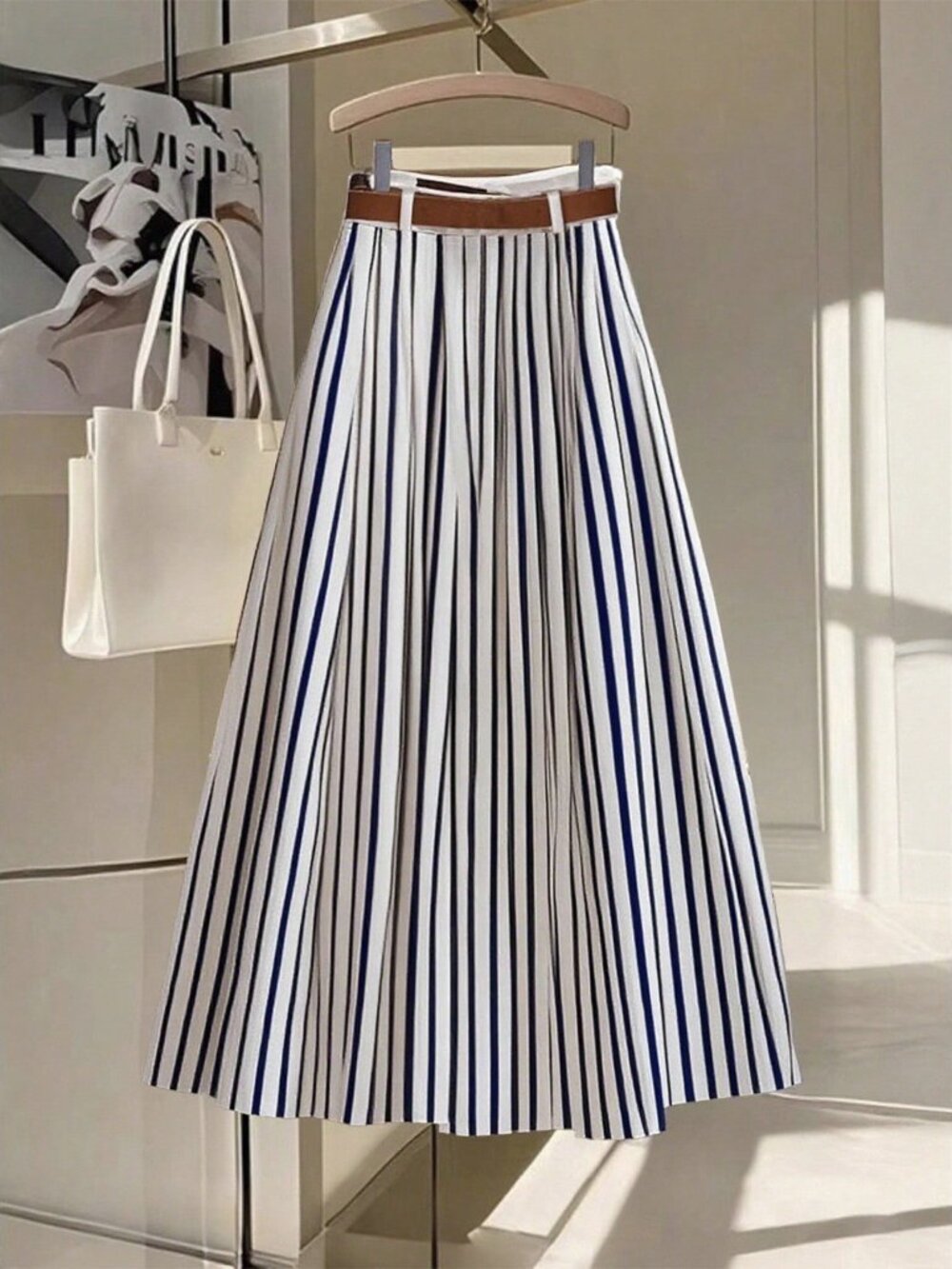 Navy Blue Casual Women's Elastic Waist Pleated Maxi Skirt With Faux Leather Belt - Picture 2 of 6
